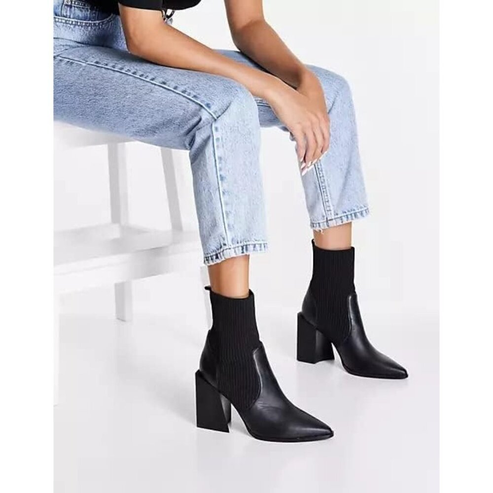 Women's Black Chunky Stacked Heel Ankle Boots Pointed Toe Slip On Booties - Picture 2 of 6